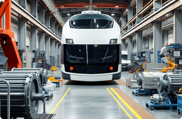 Modern railway coach inside an advanced manufacturing facility
